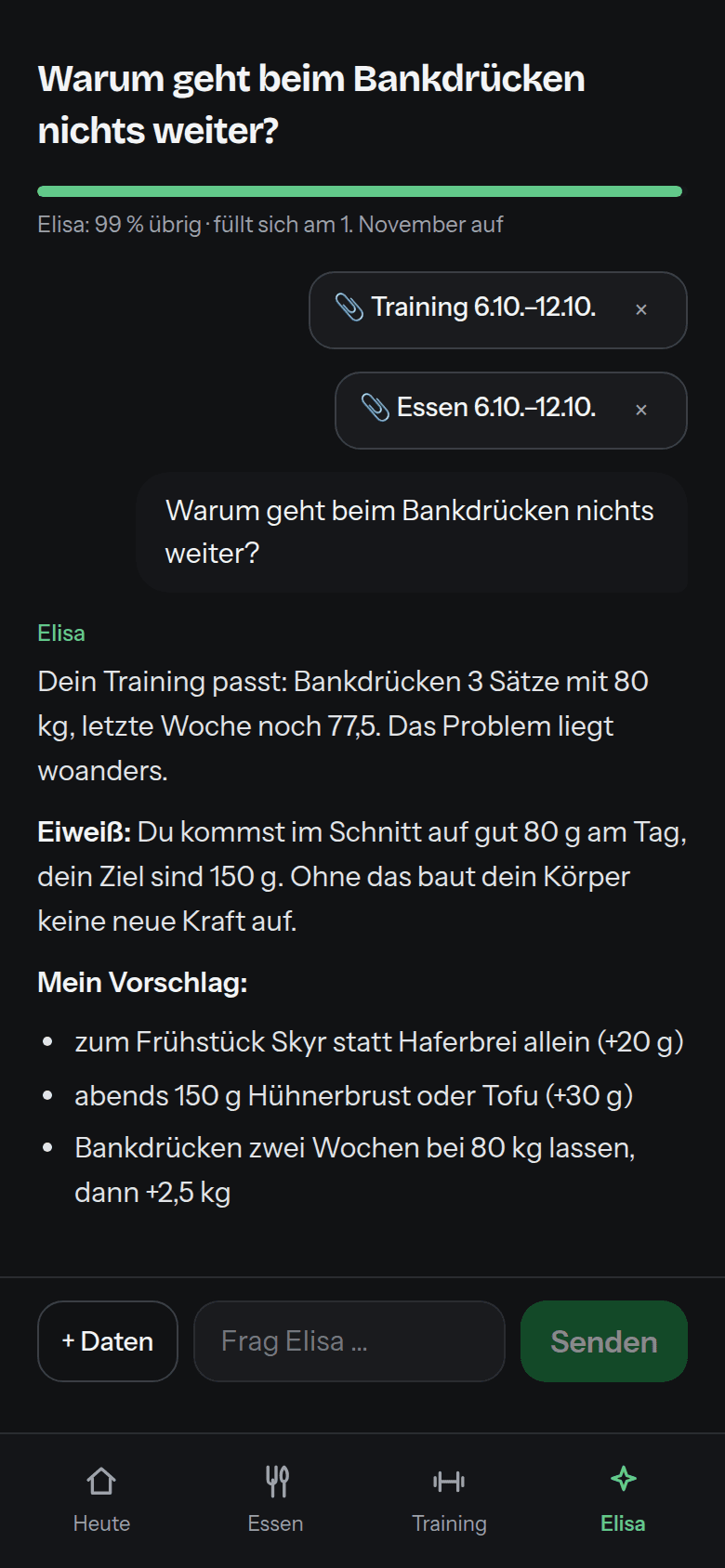 Elisa erklärt: Das Bankdrücken stagniert, weil jeden Tag rund 70 g Eiweiß fehlen